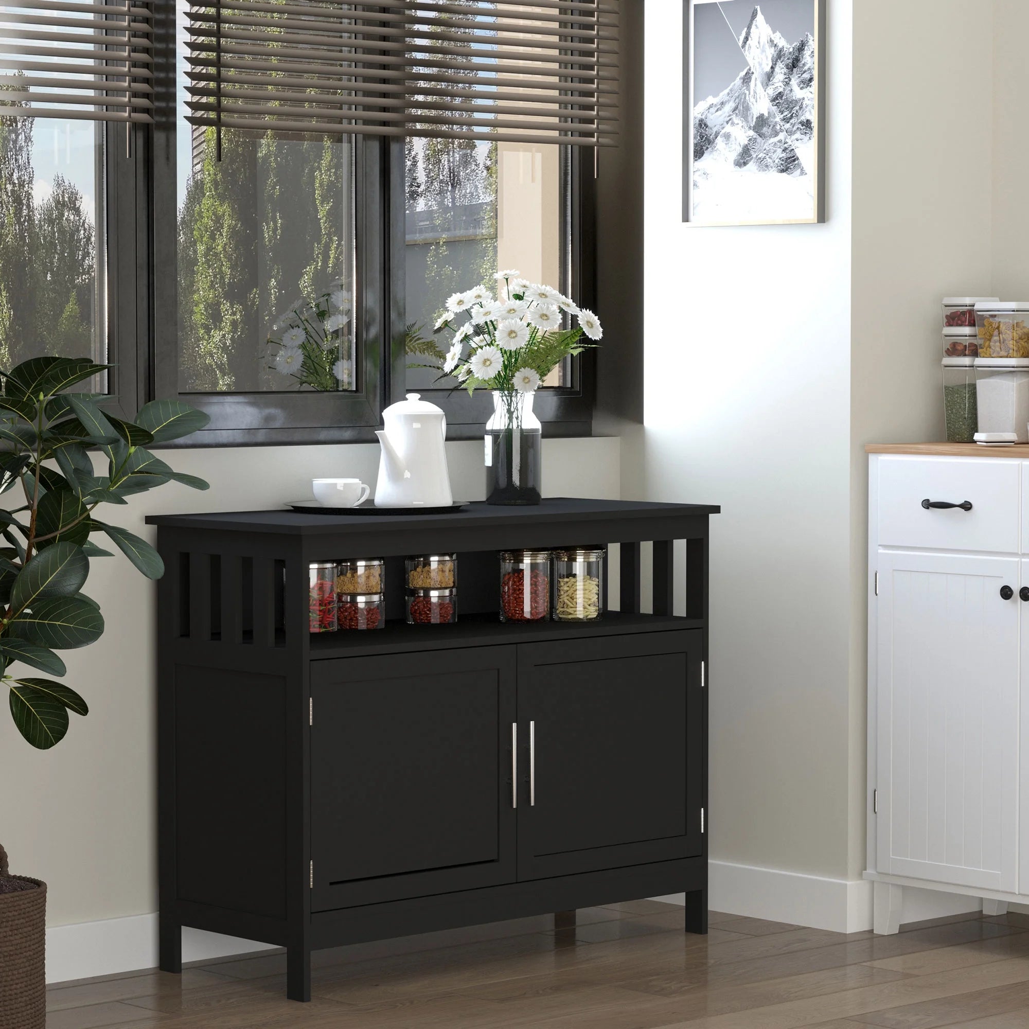 Black Wooden Kitchen Buffet Sideboard with Cabinet and Shelf F28038