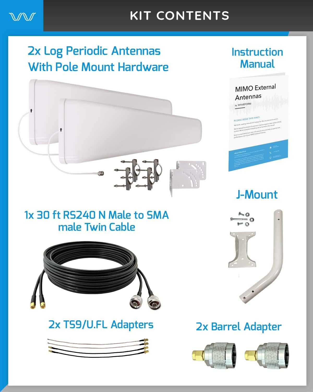4G/5G Log Periodic Antenna Kit, +11 dBi gain 2x2 600-6000 MHz, Twin Cable A609335