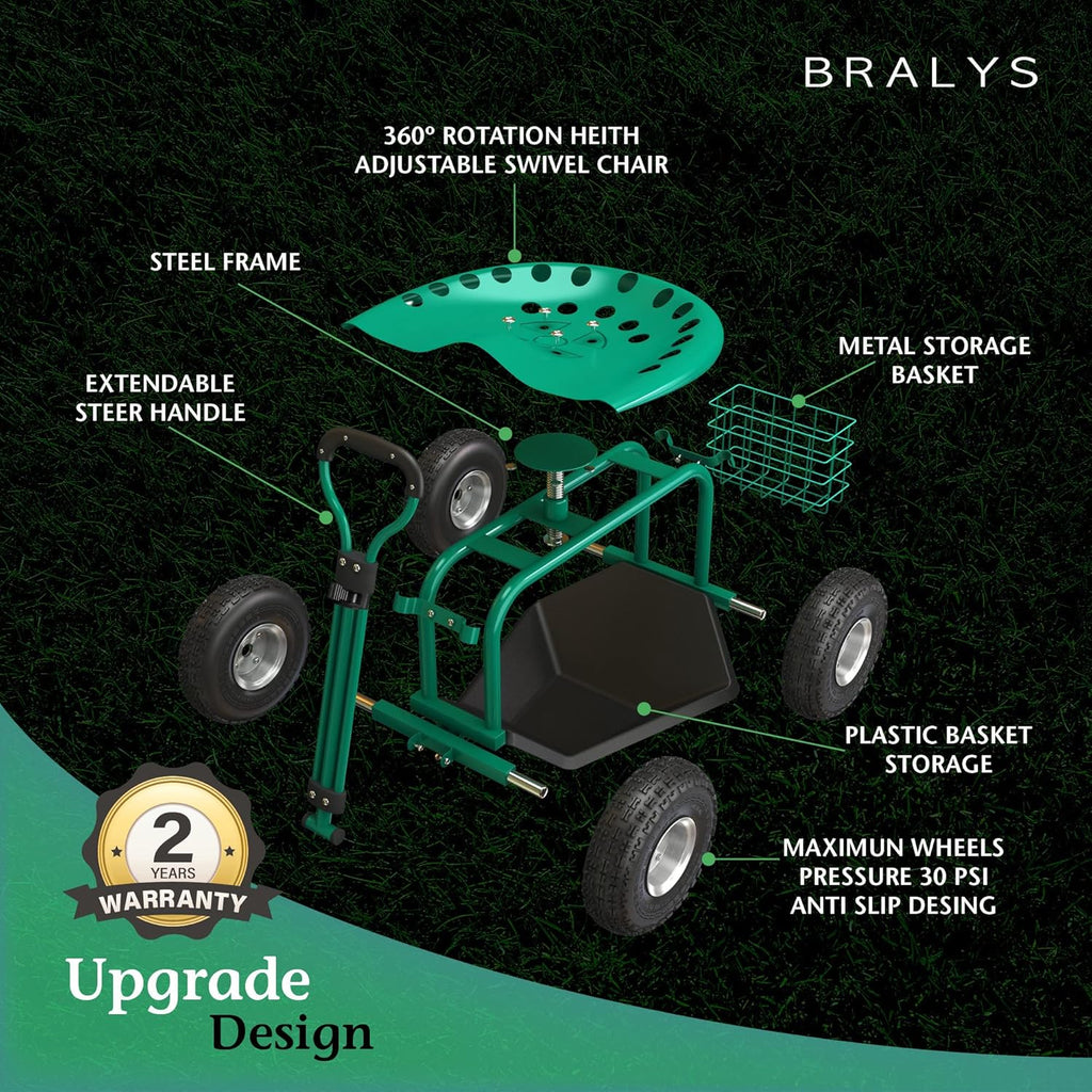 Garden Cart with Seat Rolling Gardening Cart with Large Wheels Basket Waterproof Cover N313