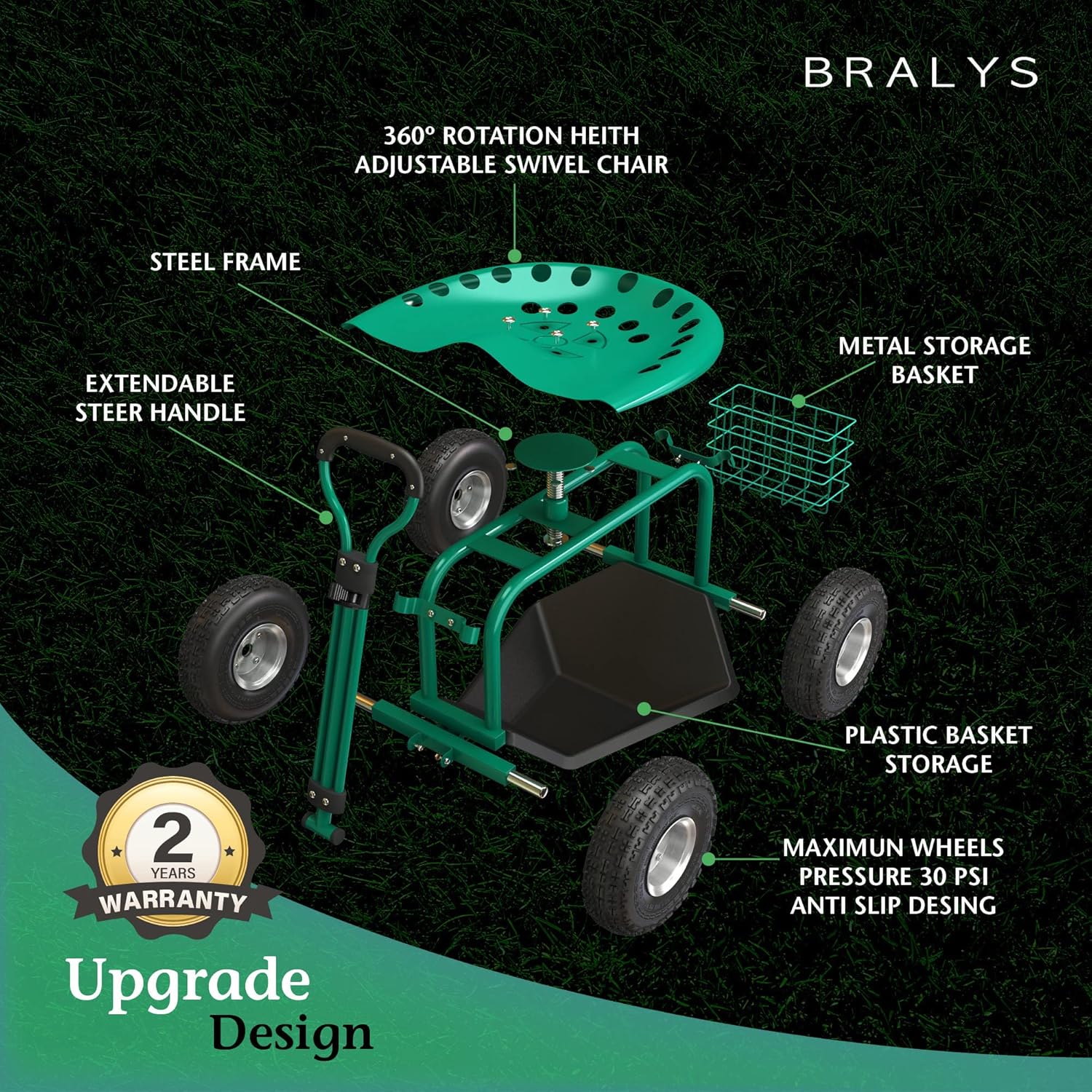 Garden Cart with Seat Rolling Gardening Cart with Large Wheels Basket Waterproof Cover N313