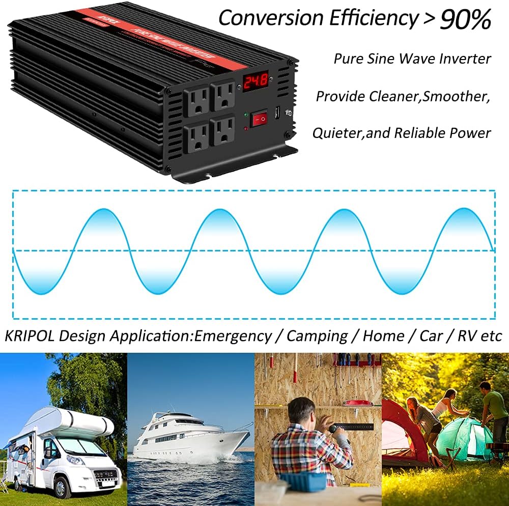 1500 Watt Pure Sine Wave Power Inverter 24v DC to 110/120v AC 60HZ with 4 AC and 1 USB Output C605