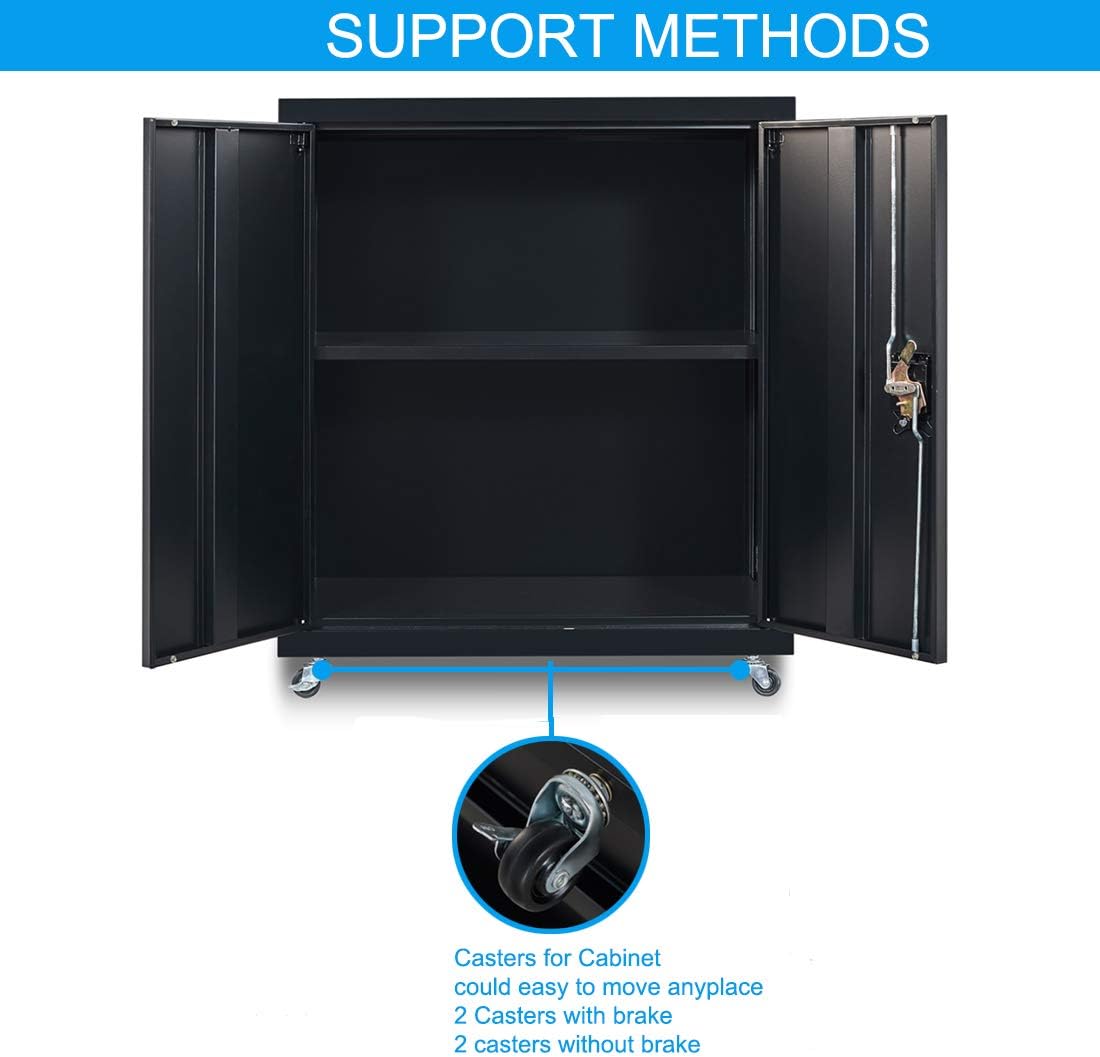 Metal Storage Cabinet with Locking Doors and Wheels, Black U123294