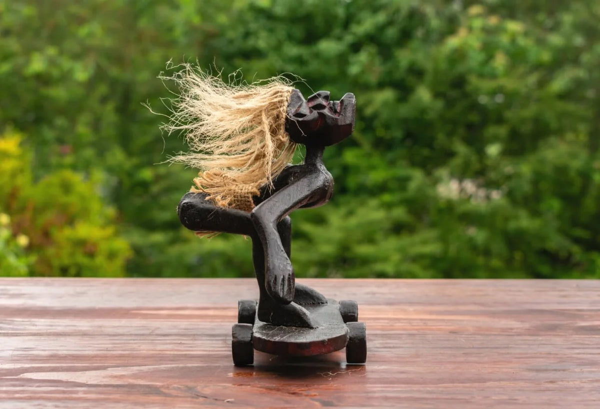 Handmade Wooden Skateboarding Statue Sculpture Tiki Bar Figurine K38213