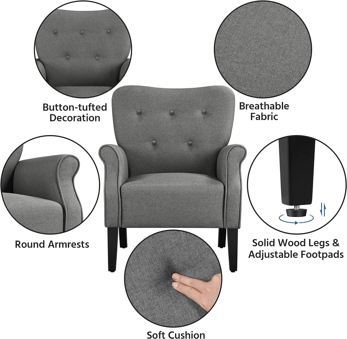 Dark Gray Upholstered Fabric Armchair with Wood Legs V73736