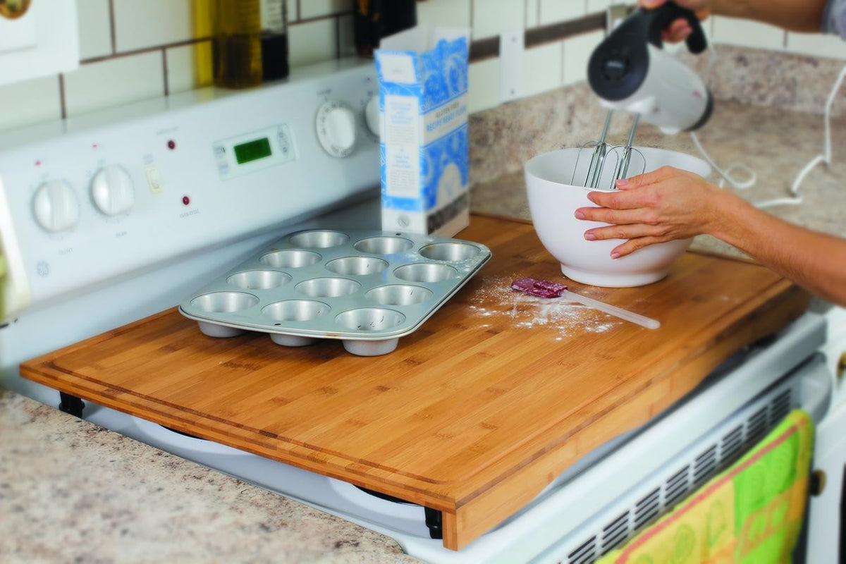 Bamboo Stove Top Work Surface with Adjustable Legs & Built In Juice Groove, 4 Burner, Brown E7432