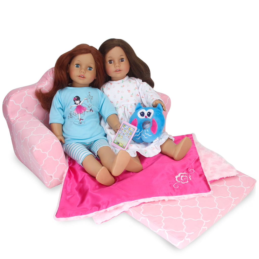 Pink Plush Pull-Out Sofa Bed for Two 18'' Dolls J769