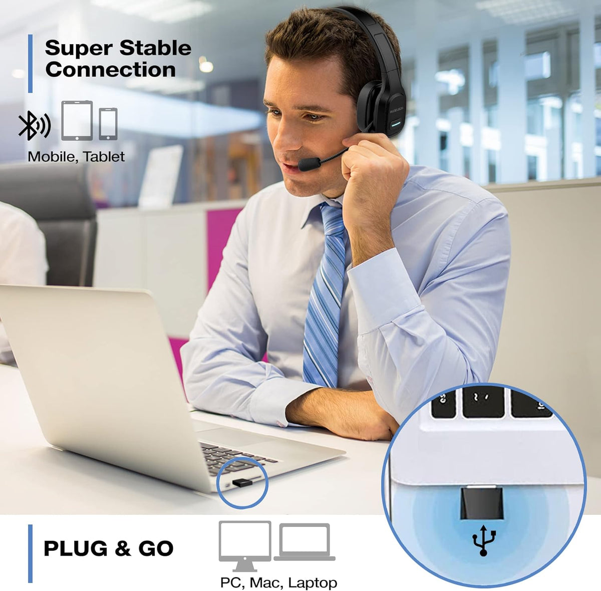 Wireless Headset with Microphone, Noise Canceling On-Ear Headphones with USB Dongle, 32H Talk Time J47280