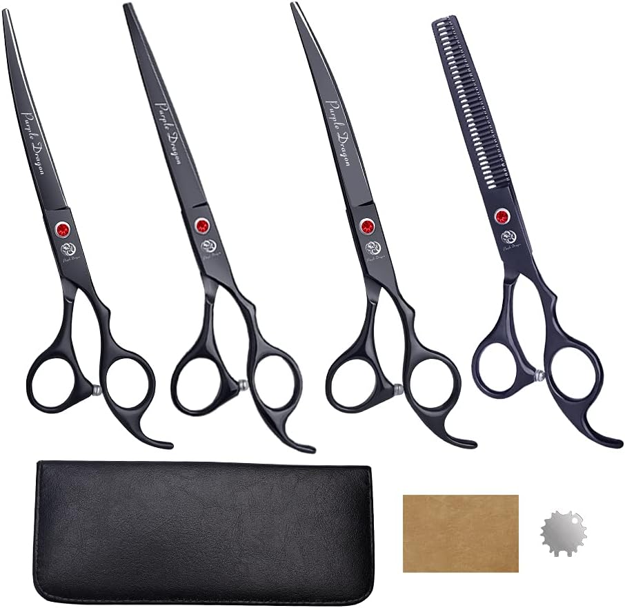 7.0 inch 4PCS Pet Grooming Scissors Kit Japan Premium Steel Straight & Curved & Thinning Blade Shears Set with Case N113