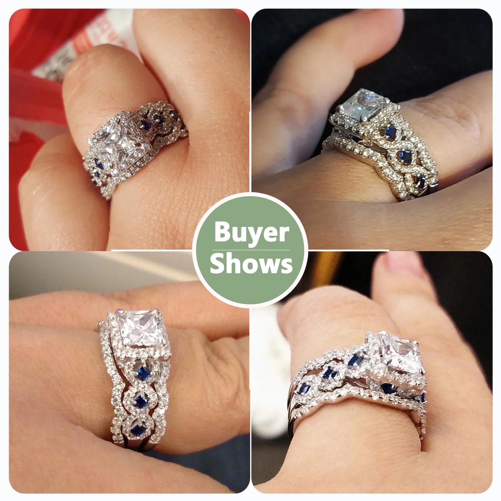 925 Sterling Silver Princess White Cz Blue Engagement Ring Set 3pcs Size 4.5 J77735