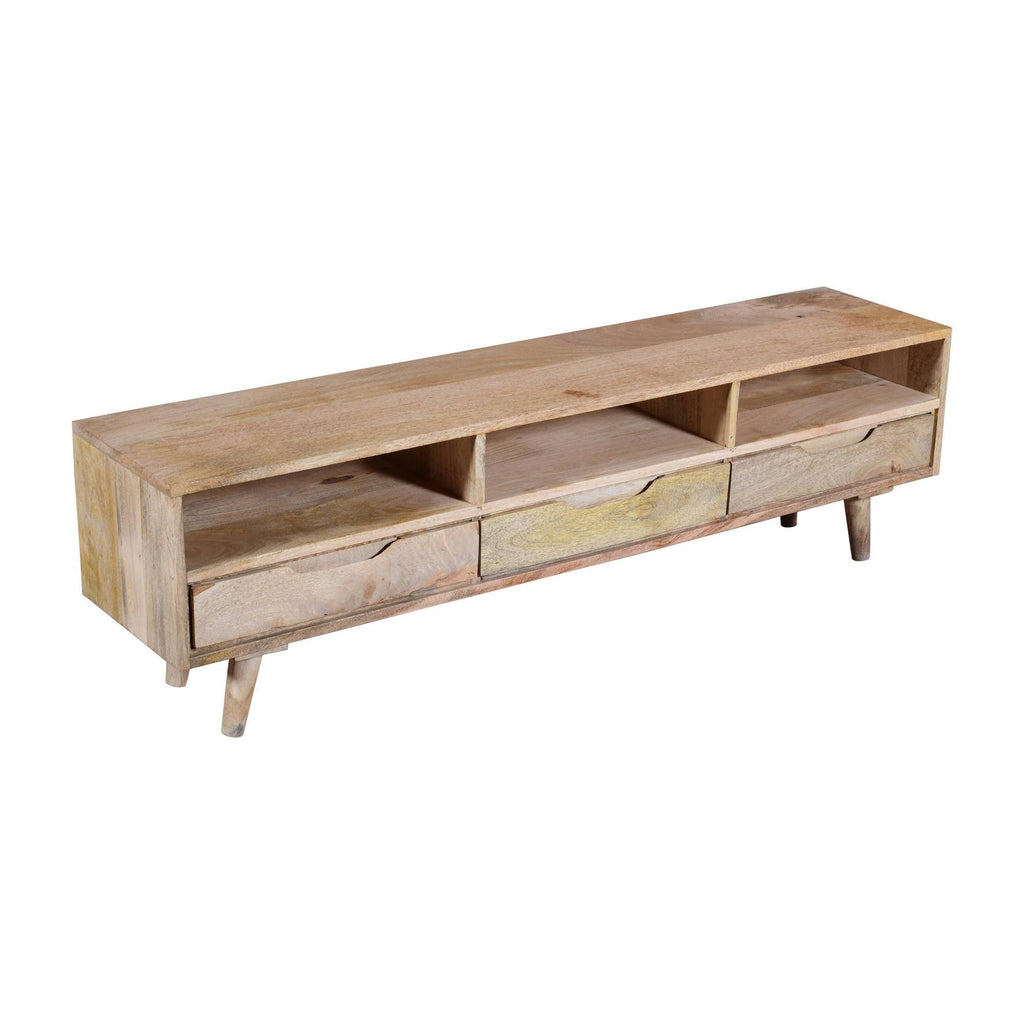 3 Drawer Mango Wood TV Media Cabinet with 3 Open Compartments in Oak Brown R905415