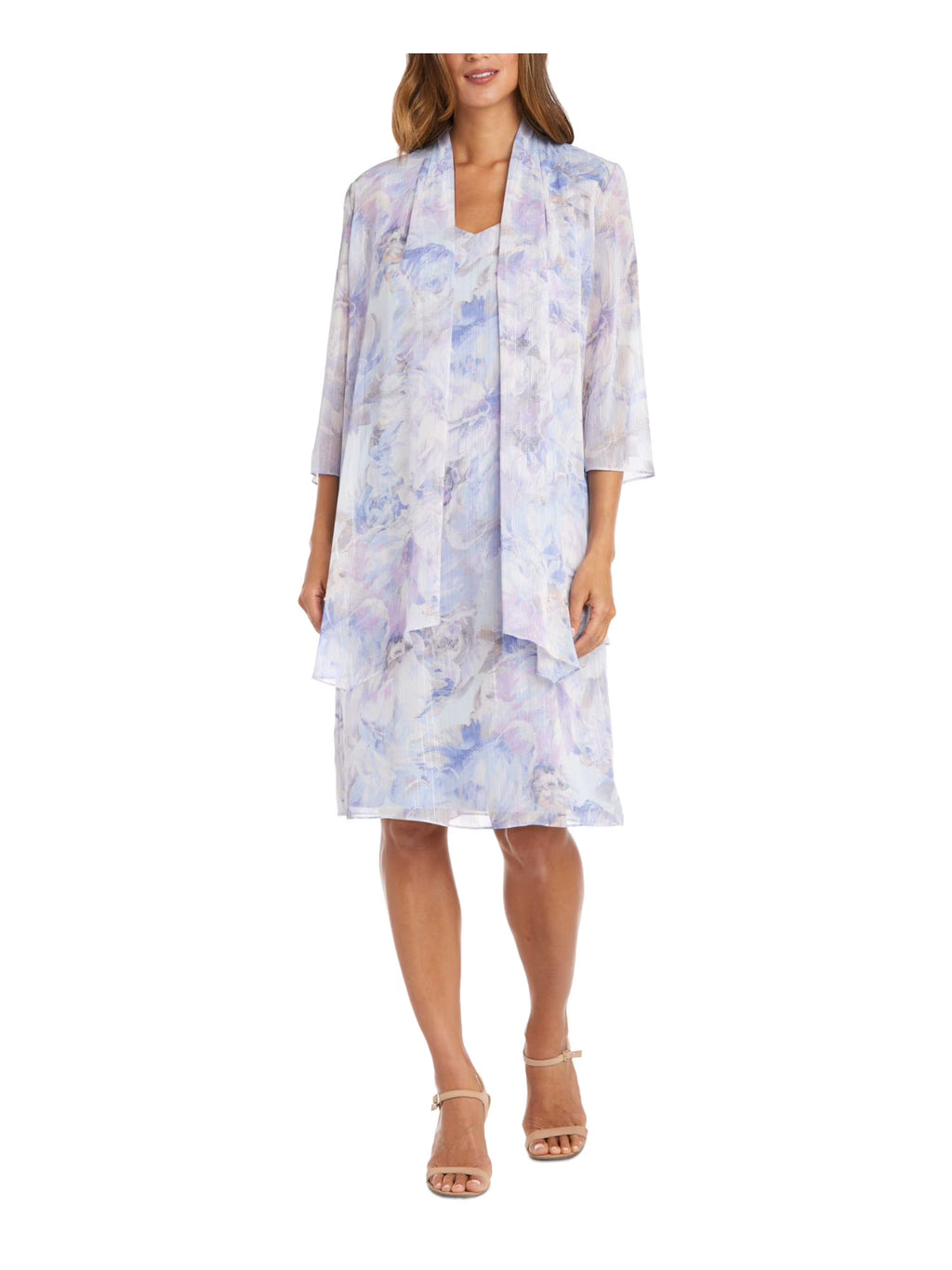 Light Blue Sheer Floral Sleeveless Sweetheart Neckline Knee Length Shift Dress W303351
