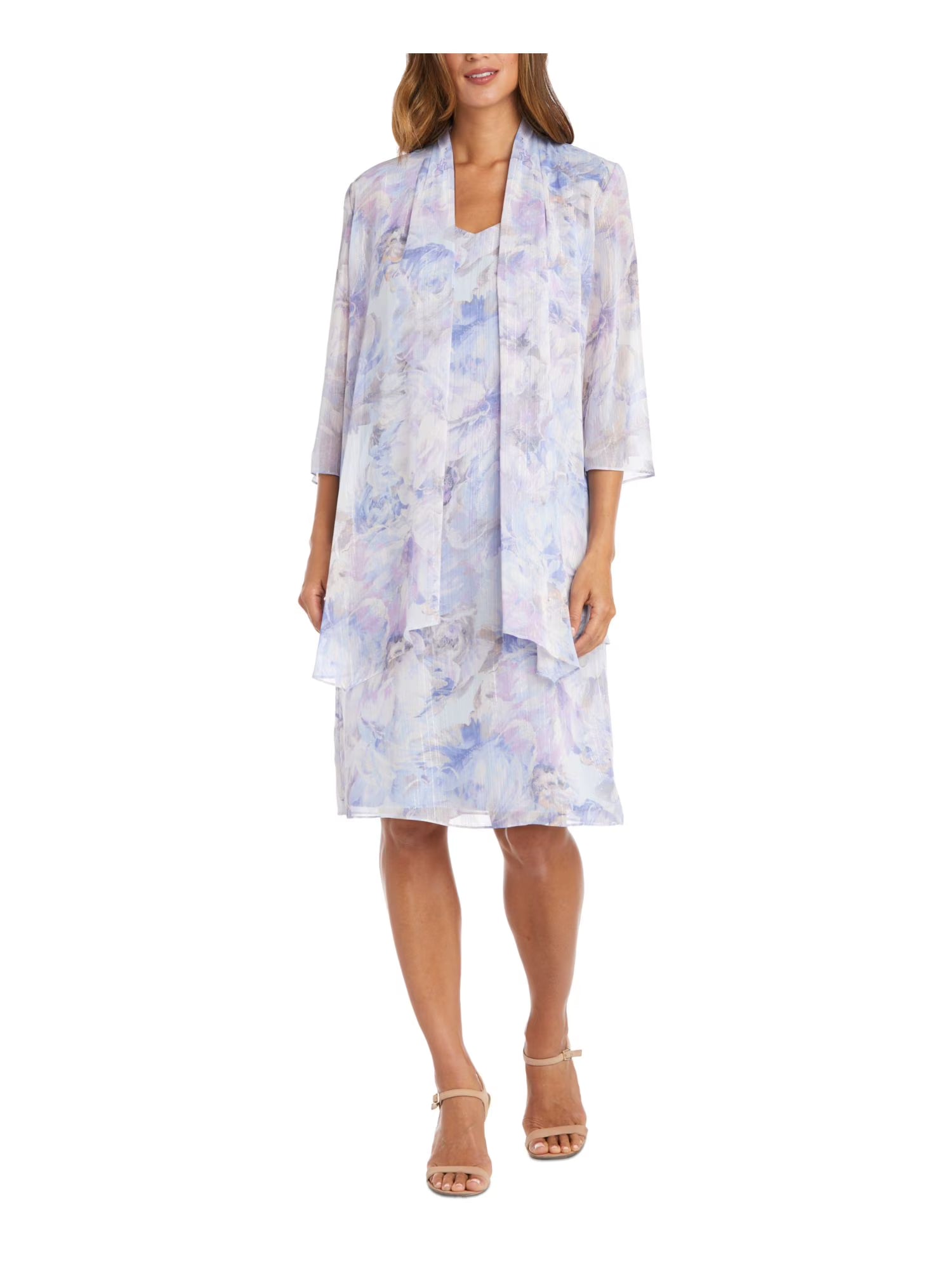 Light Blue Sheer Floral Sleeveless Sweetheart Neckline Knee Length Shift Dress W303351