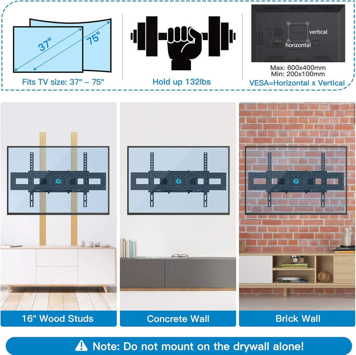 Full Motion Dual Arms TV Wall Mount for 37-70 Inch Flat Curved TVs, Max VESA 600x400mm, Pack of 2 H1746