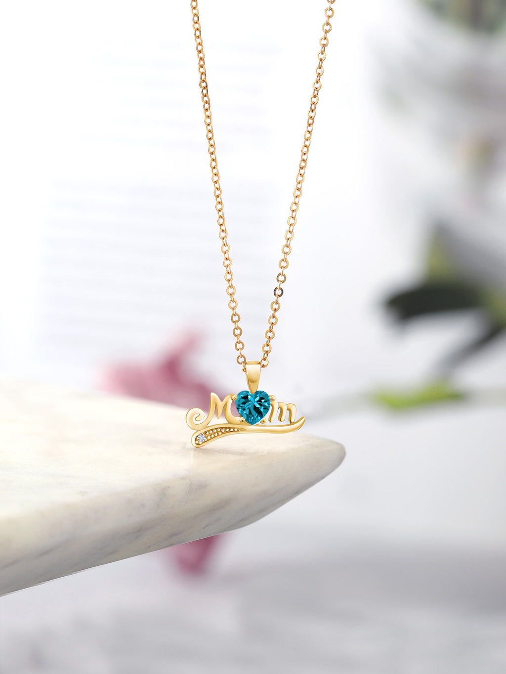 London Blue Topaz White Diamond 18K Yellow Gold Plated Silver Pendant with Chain V22747