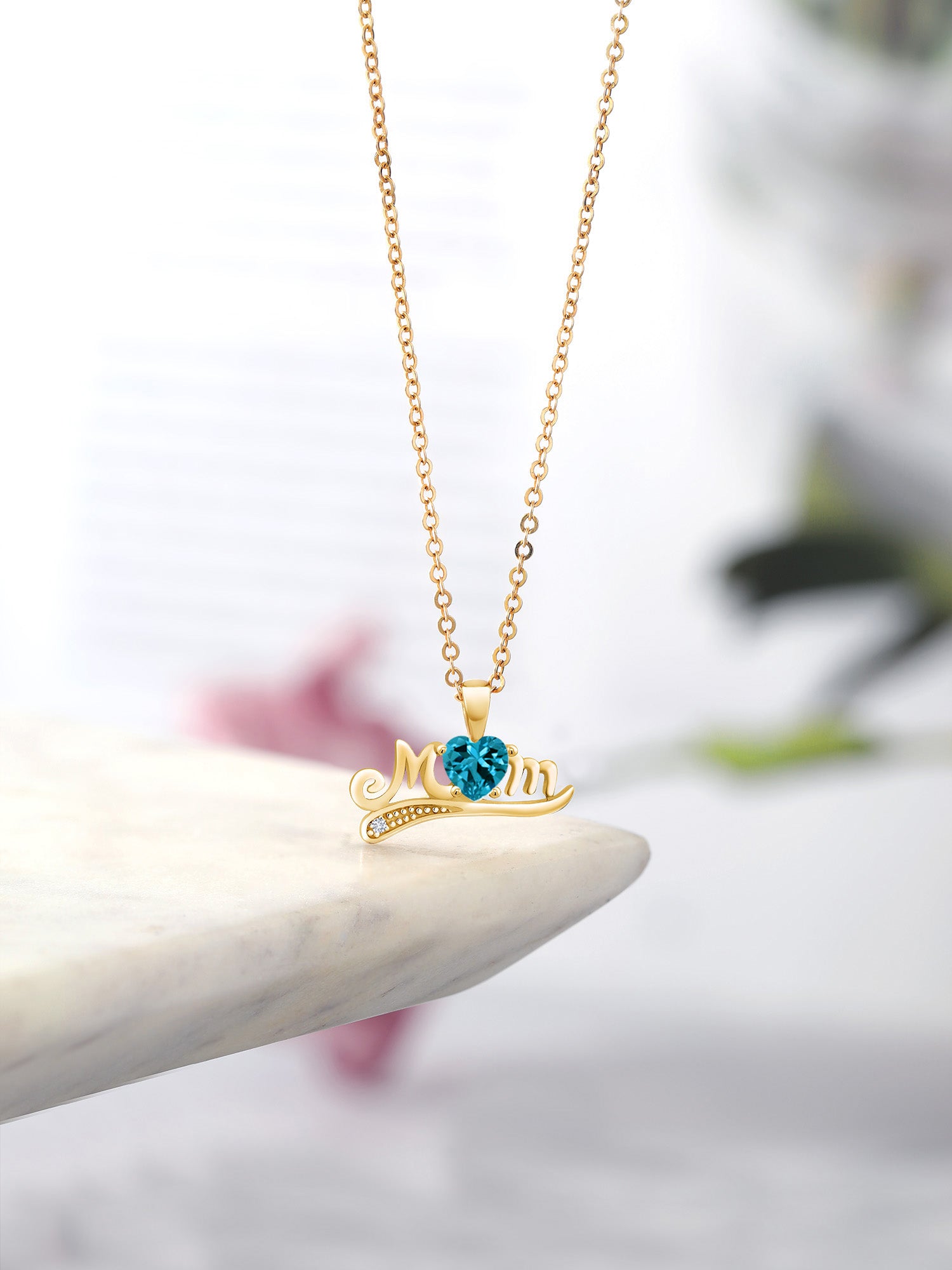 London Blue Topaz White Diamond 18K Yellow Gold Plated Silver Pendant with Chain V22747
