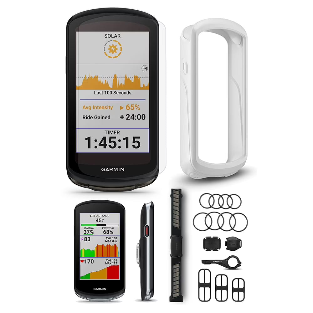 Garmin Edge 1040 Solar GPS Bike Computer with Speed Sensor 2, Cadence Sensor 2, HRM-Dual, White Silicone Case, & Mounts R180177
