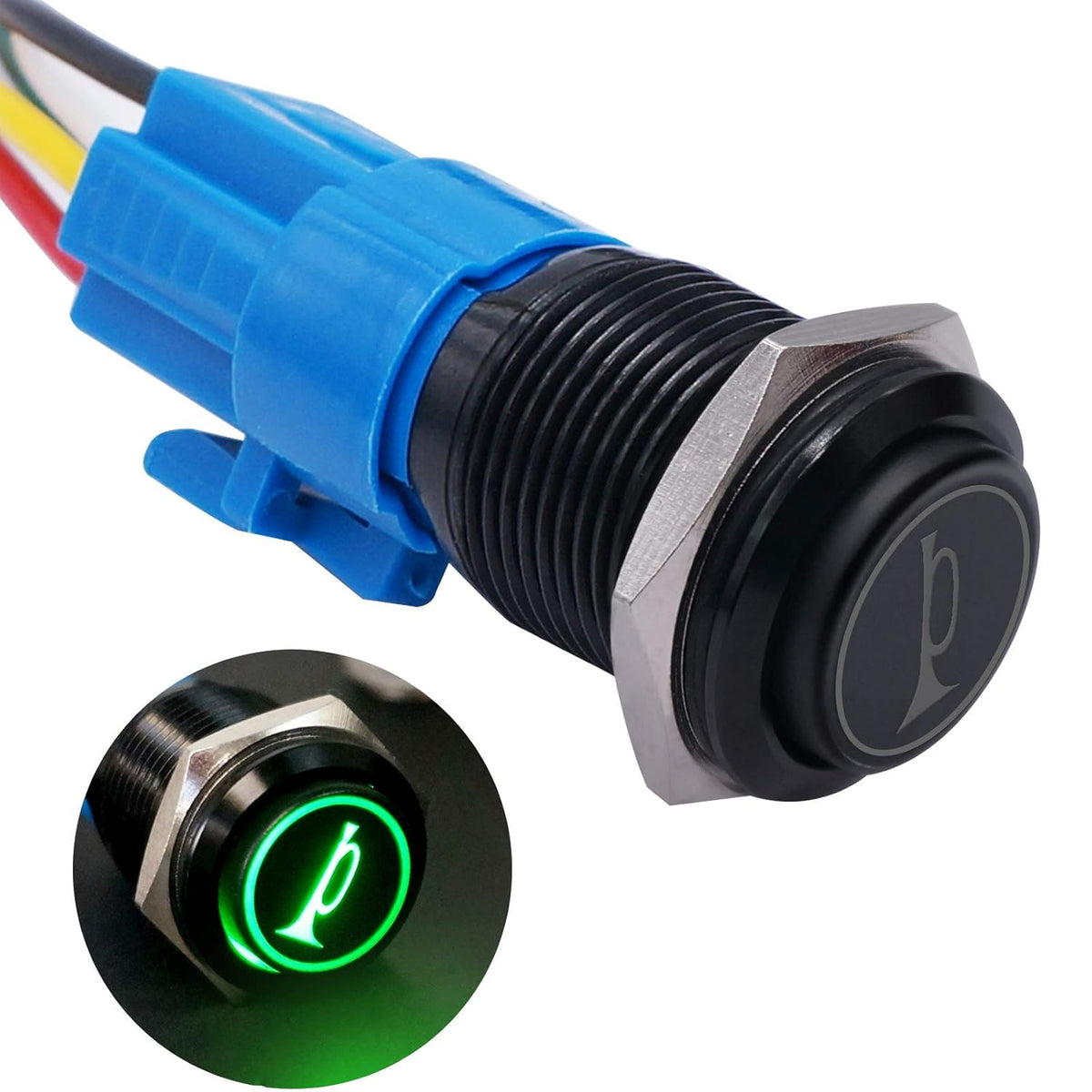 16MM 12V Car Horn Push Button Blue LED Lighted Momentary Metal Toggle Switch M99663