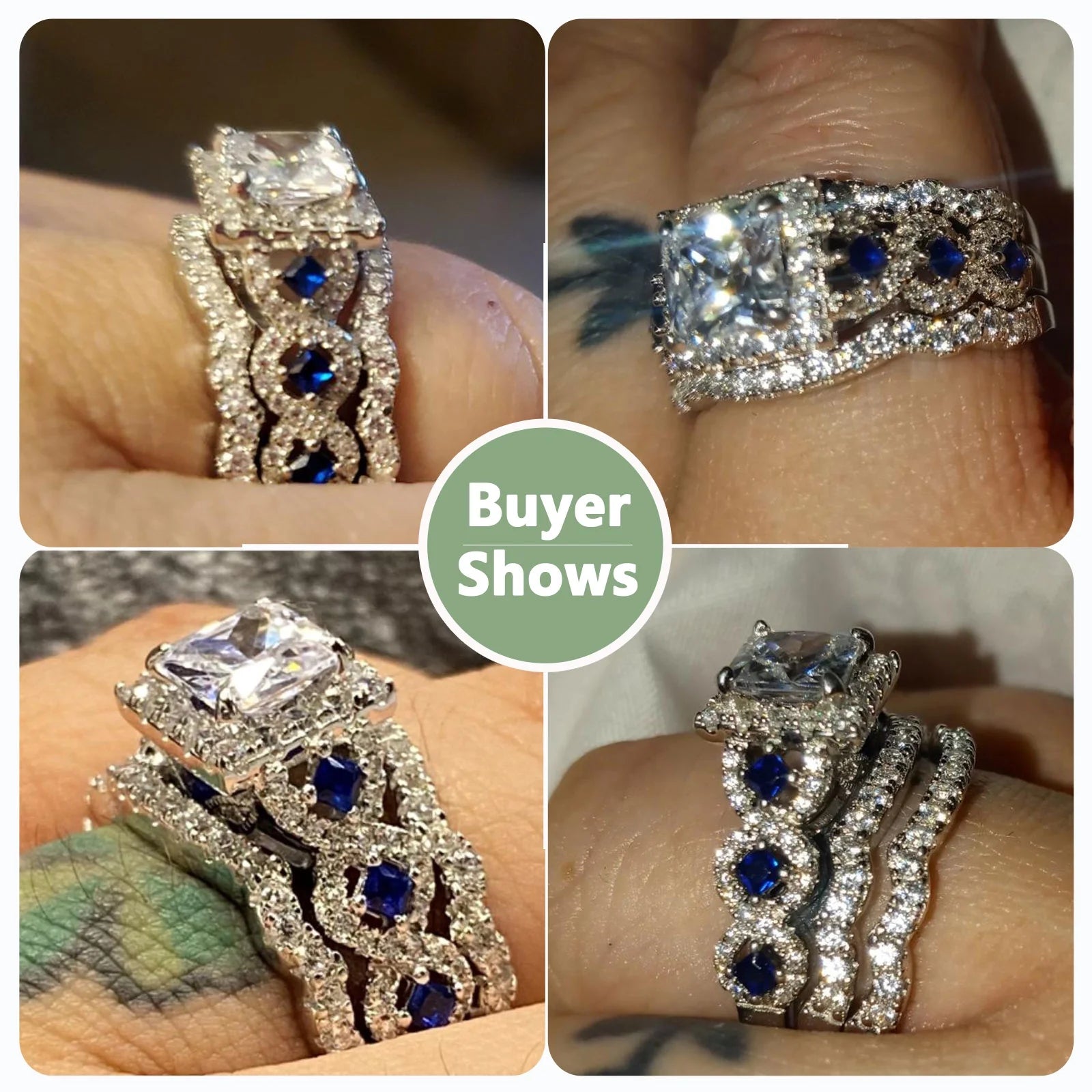 925 Sterling Silver Princess White Cz Blue Engagement Ring Set 3pcs Size 4.5 J77735