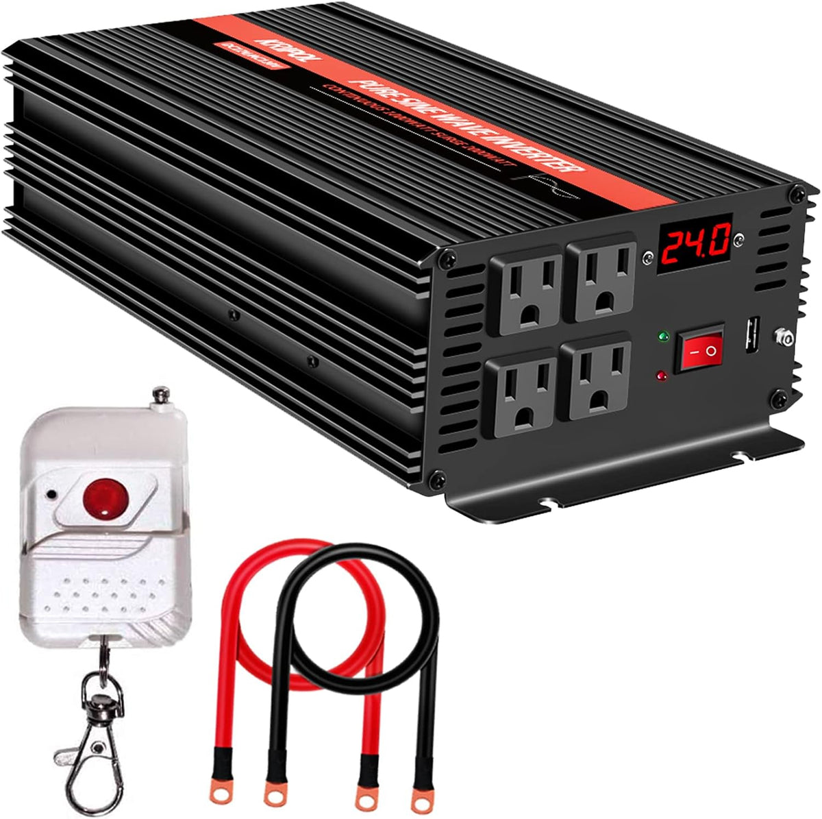 1500 Watt Pure Sine Wave Power Inverter 24v DC to 110/120v AC 60HZ with 4 AC and 1 USB Output C605