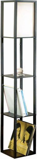 Modern Faux Wood Floor Lamp with Shelves and Ivory Linen Shade F427