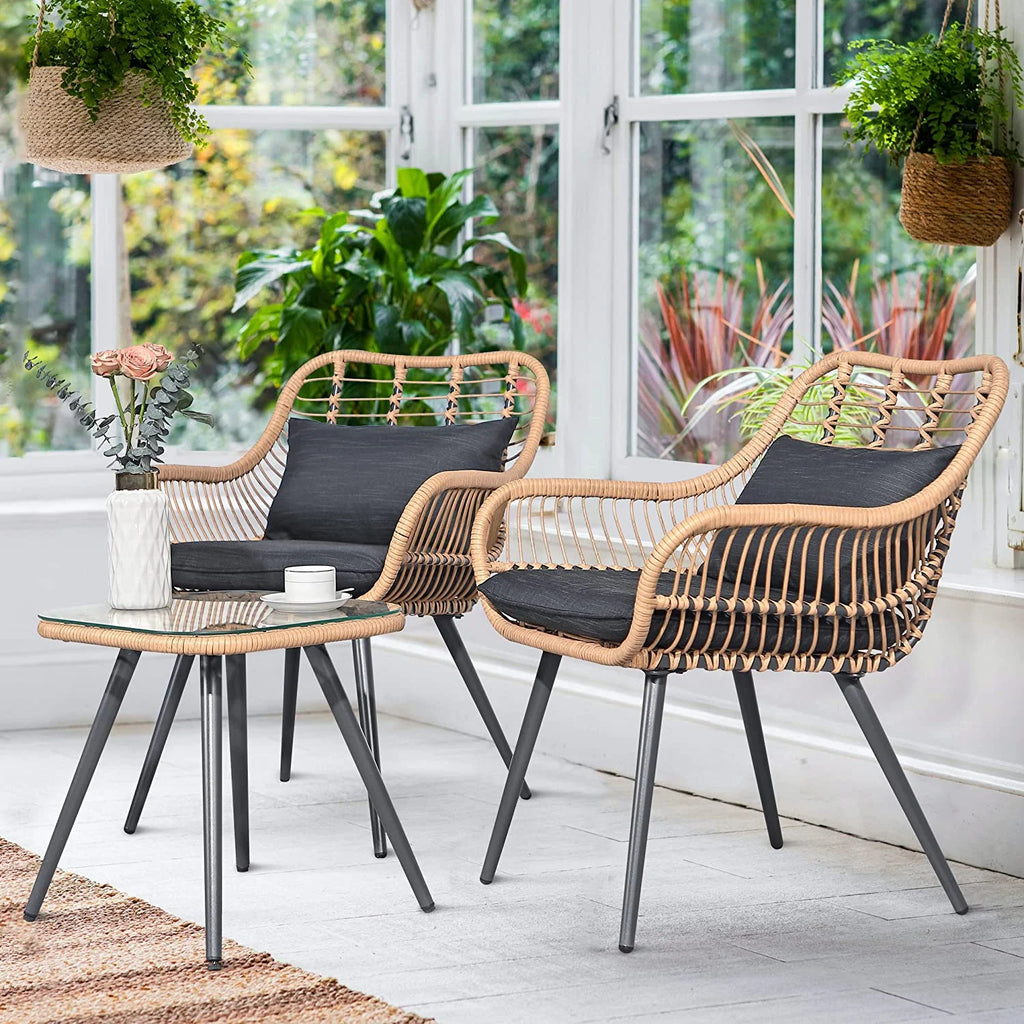 3-Piece Patio Set with Square Glass Top Coffee Table, Cushions and Lumbar Pillows J219