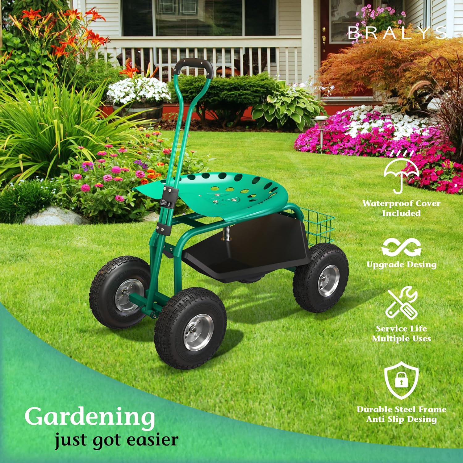 Garden Cart with Seat Rolling Gardening Cart with Large Wheels Basket Waterproof Cover N313