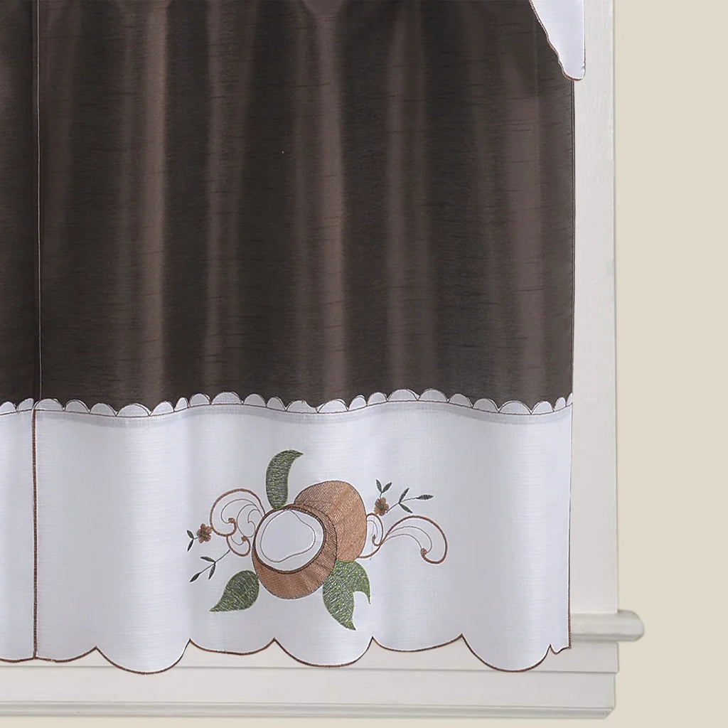 Coffee Embroidered 3-Piece Kitchen Curtain Tiers & Swag Set, 58x36 & 28x36 inches X750