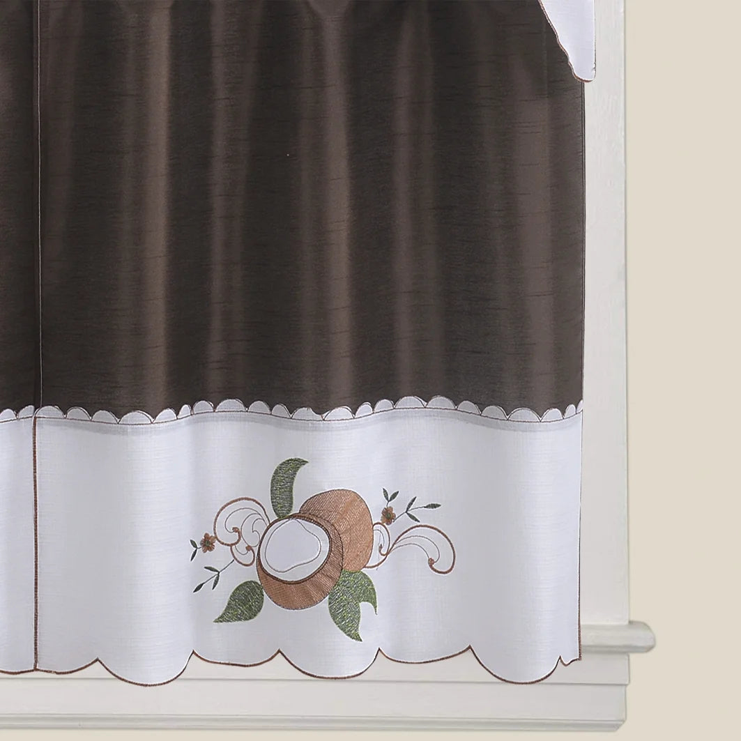 Coffee Embroidered 3-Piece Kitchen Curtain Tiers & Swag Set, 58x36 & 28x36 inches X750