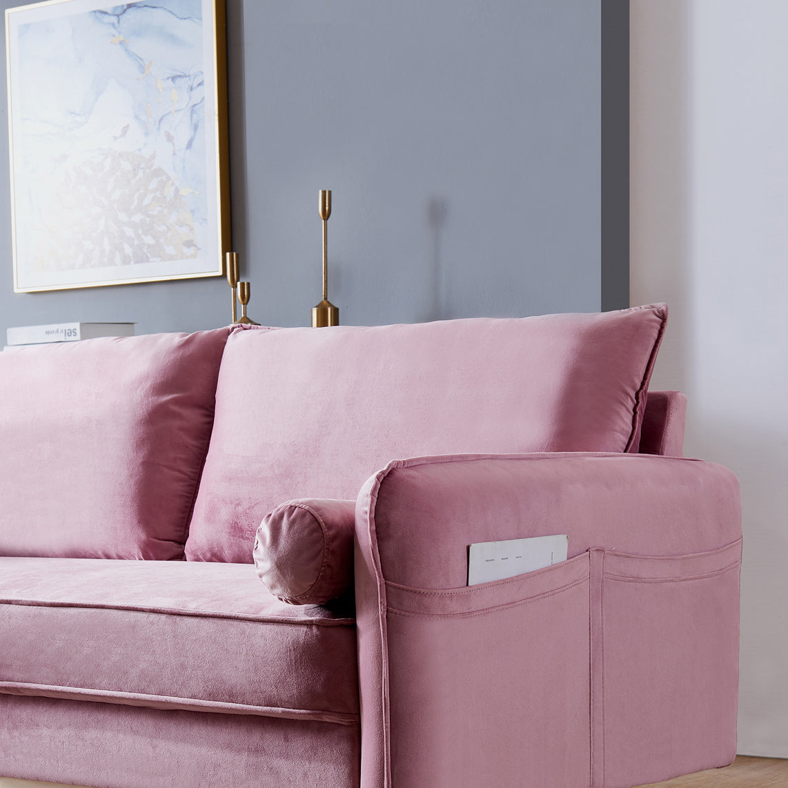Pink Velvet Sofa with Bolster Pillow G6725