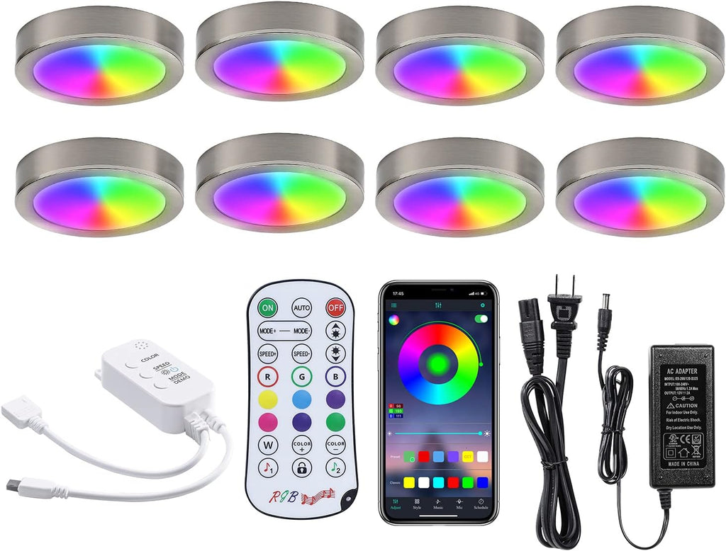 8 Pack LED Dimmable Under Cabinet RGB Puck Lights with Remote Y8344
