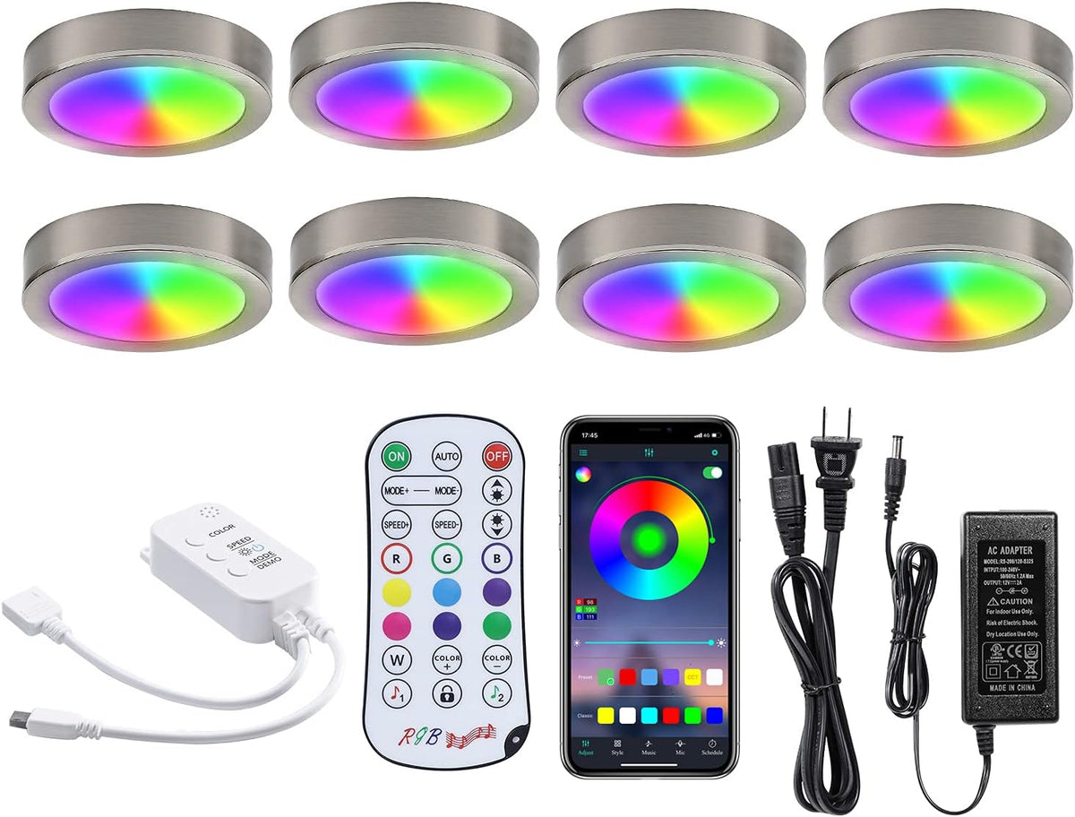 8 Pack LED Dimmable Under Cabinet RGB Puck Lights with Remote Y8344