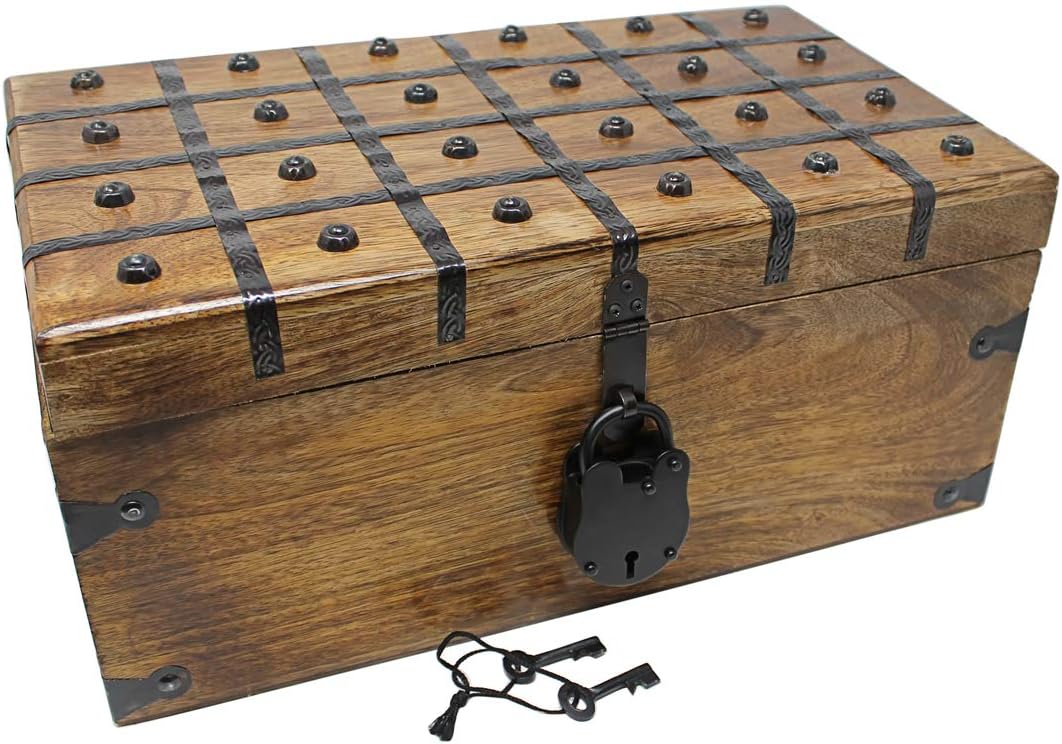 Treasure Chest Wooden Box with Antique Iron Lock and Skeleton Key G76183