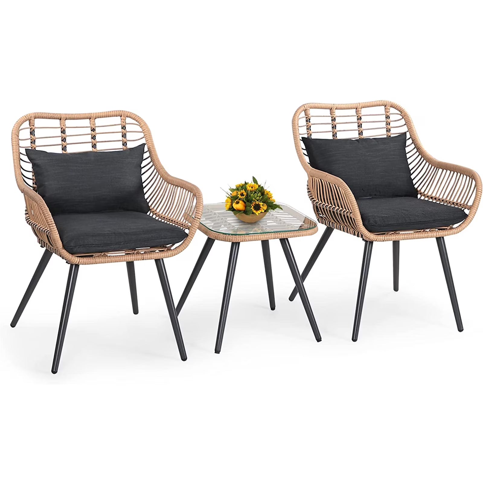 3-Piece Patio Set with Square Glass Top Coffee Table, Cushions and Lumbar Pillows J219