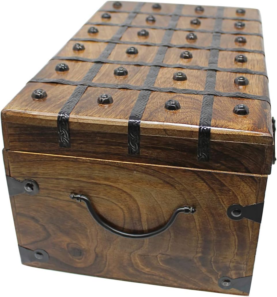 Treasure Chest Wooden Box with Antique Iron Lock and Skeleton Key G76183