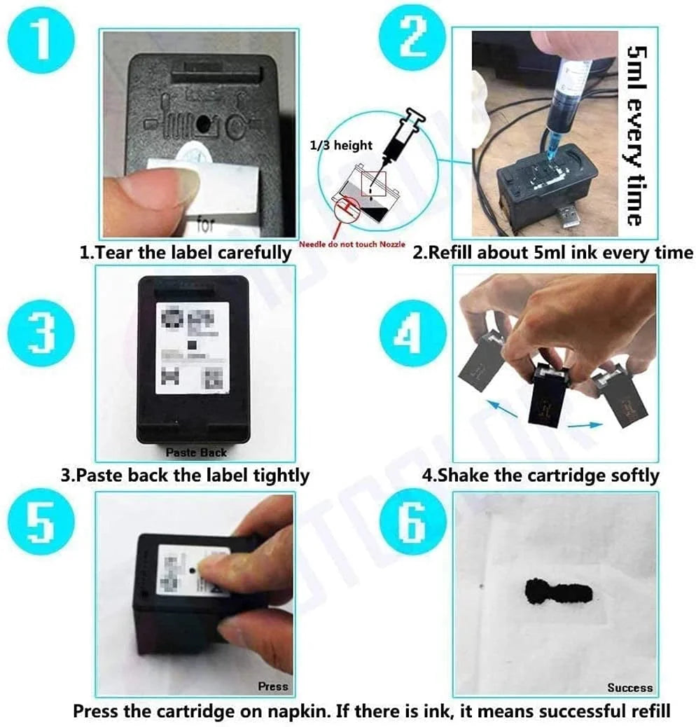 Pigment Refill Ink Bottles Compatible with HP 60 61 62 63 64 65 67 Ink Cartridges - 4 Color A3903