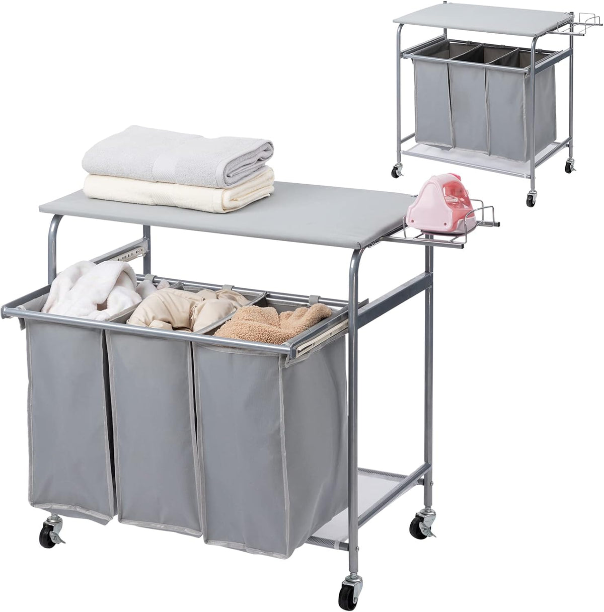 Laundry Sorter Cart with Ironing Board Rack, 3 Bags, 4 Wheels, Black E81794