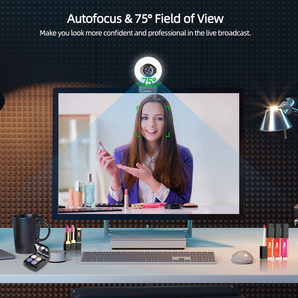 FHD 1080p 60fps Webcam with Ring Light, 75° FOV, Dual Microphones, External Tripod C623
