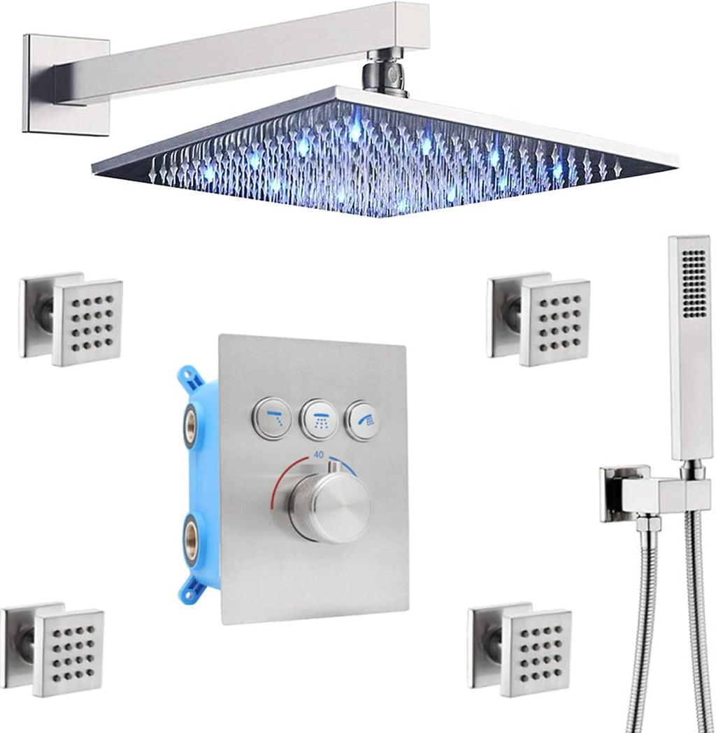 Thermostatic Shower Faucet Combo Set with 12 Inch Rain Shower Head and Handheld, Brushed Nickel D78611