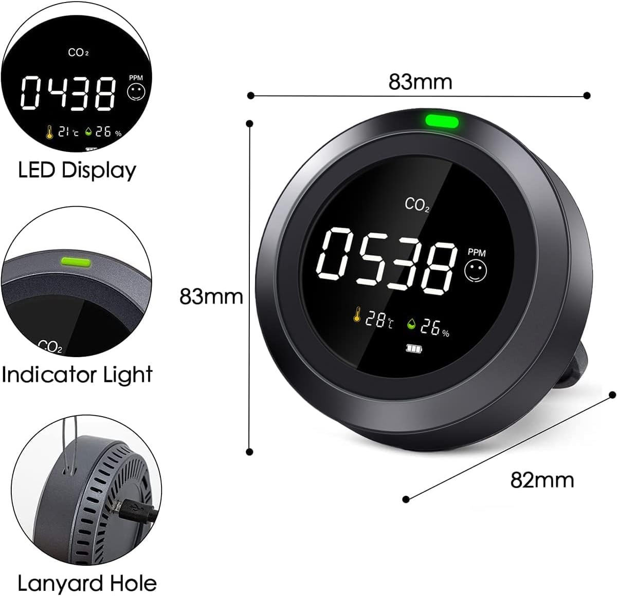 CO2 Detector, Real-Time Display CO2 Meter, 3-in 1 Indoor Air Quality Monitor B162