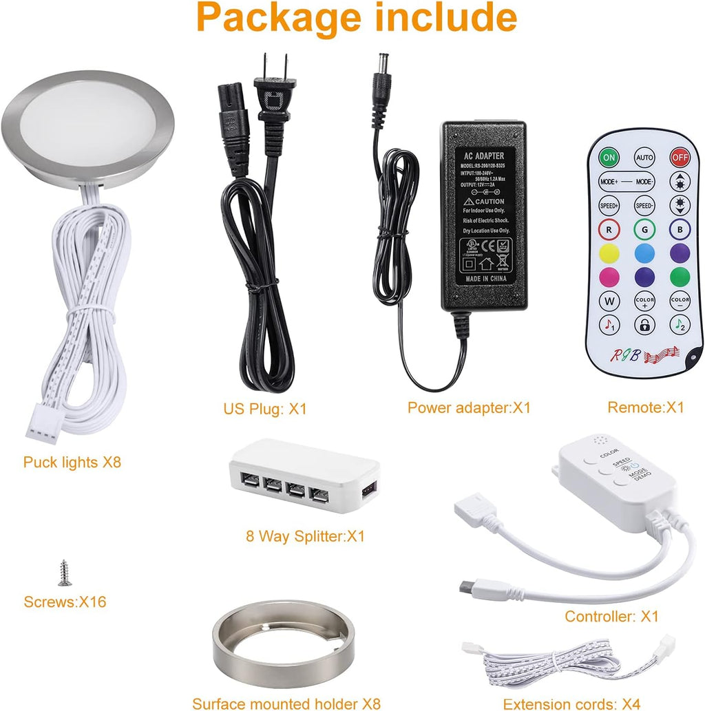 8 Pack LED Dimmable Under Cabinet RGB Puck Lights with Remote Y8344