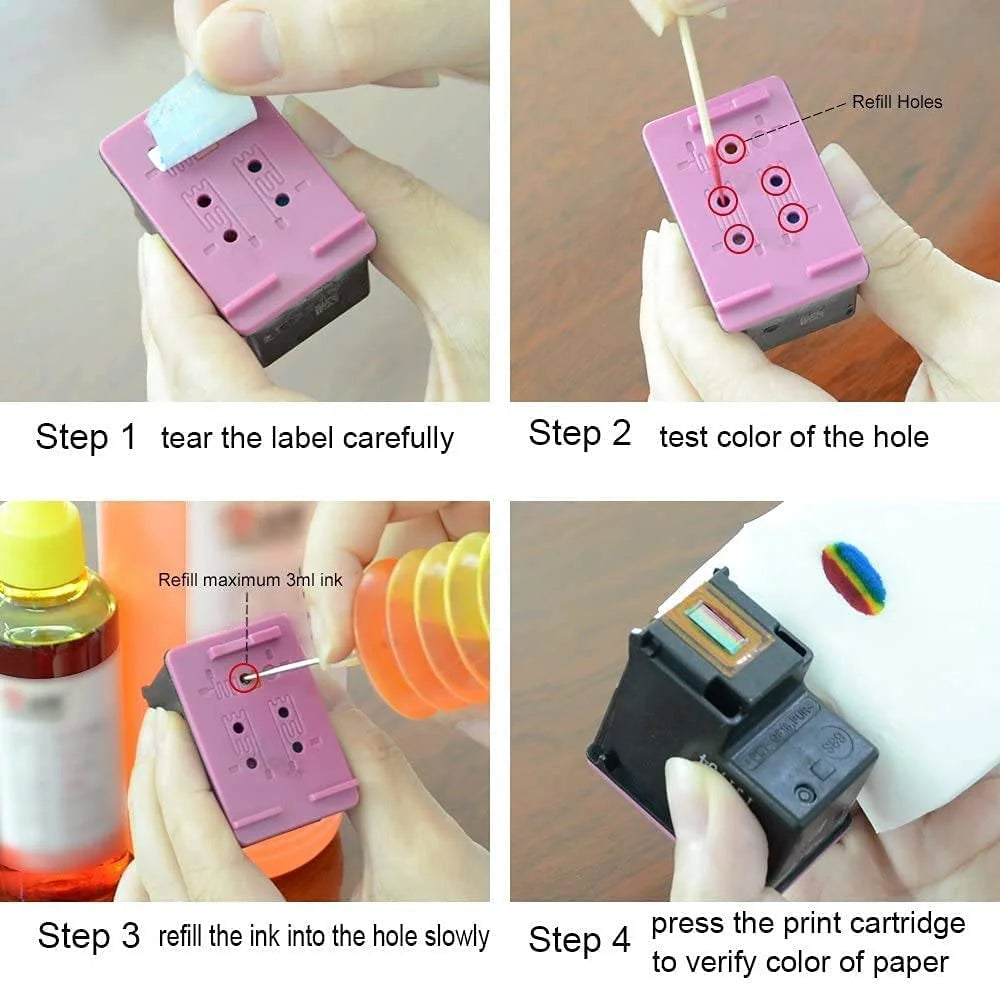 Pigment Refill Ink Bottles Compatible with HP 60 61 62 63 64 65 67 Ink Cartridges - 4 Color A3903