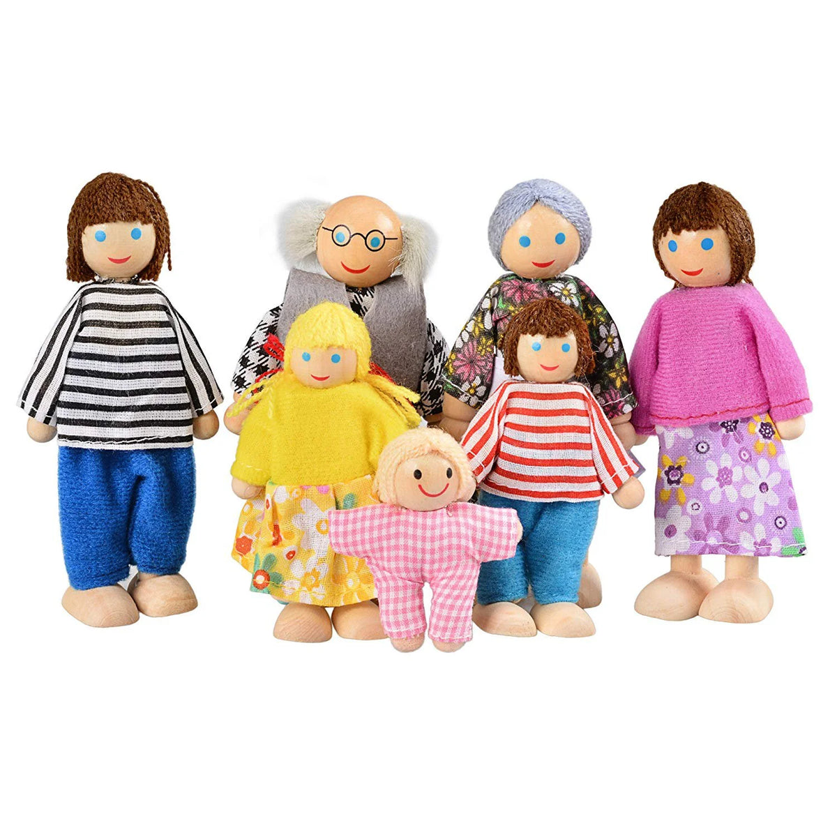 Wooden Dolls Playset Set of 7 People with Dog K84344
