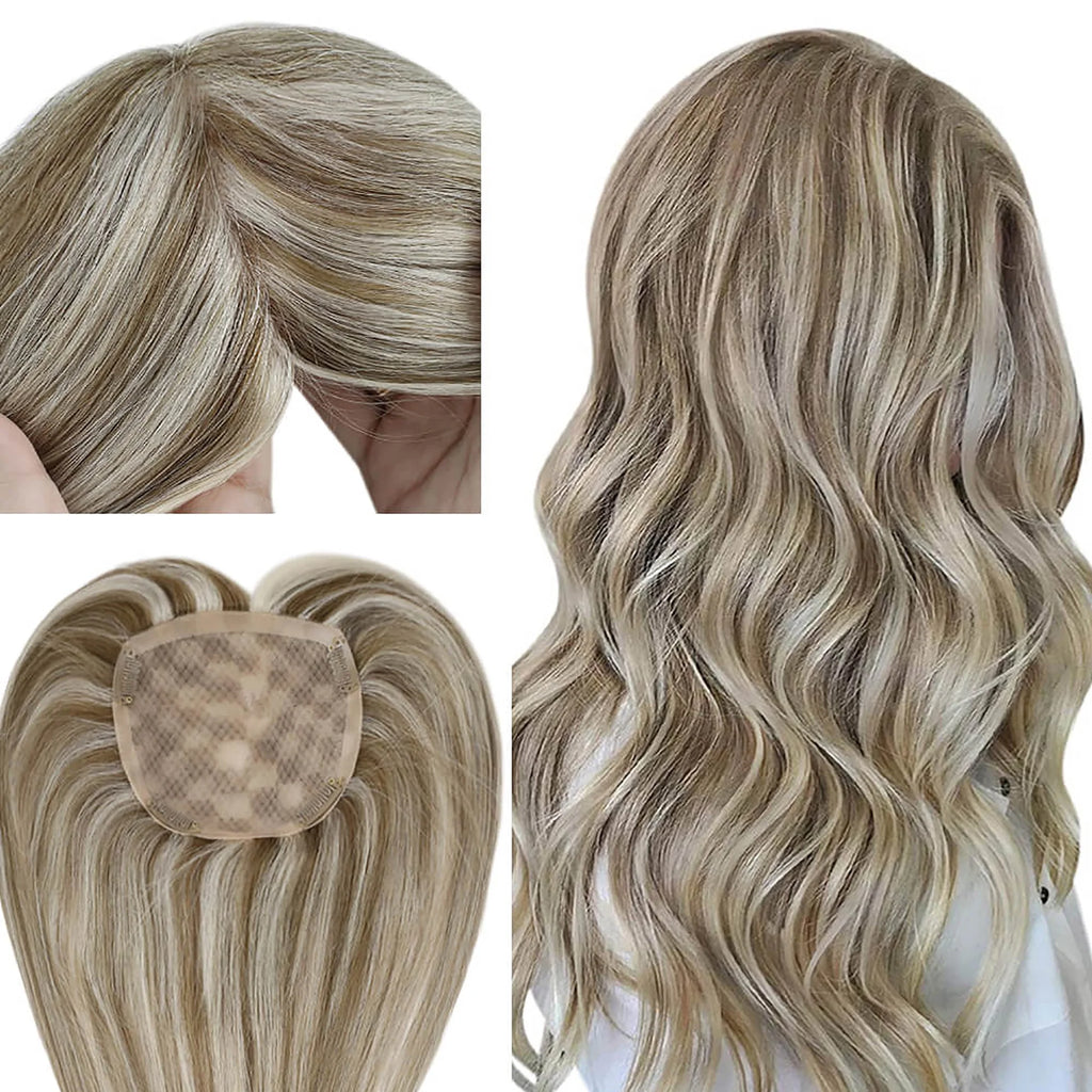 Light Brown Mixed Platinum Blonde Remy Human Hair Clip in Topper 16 inch V6811