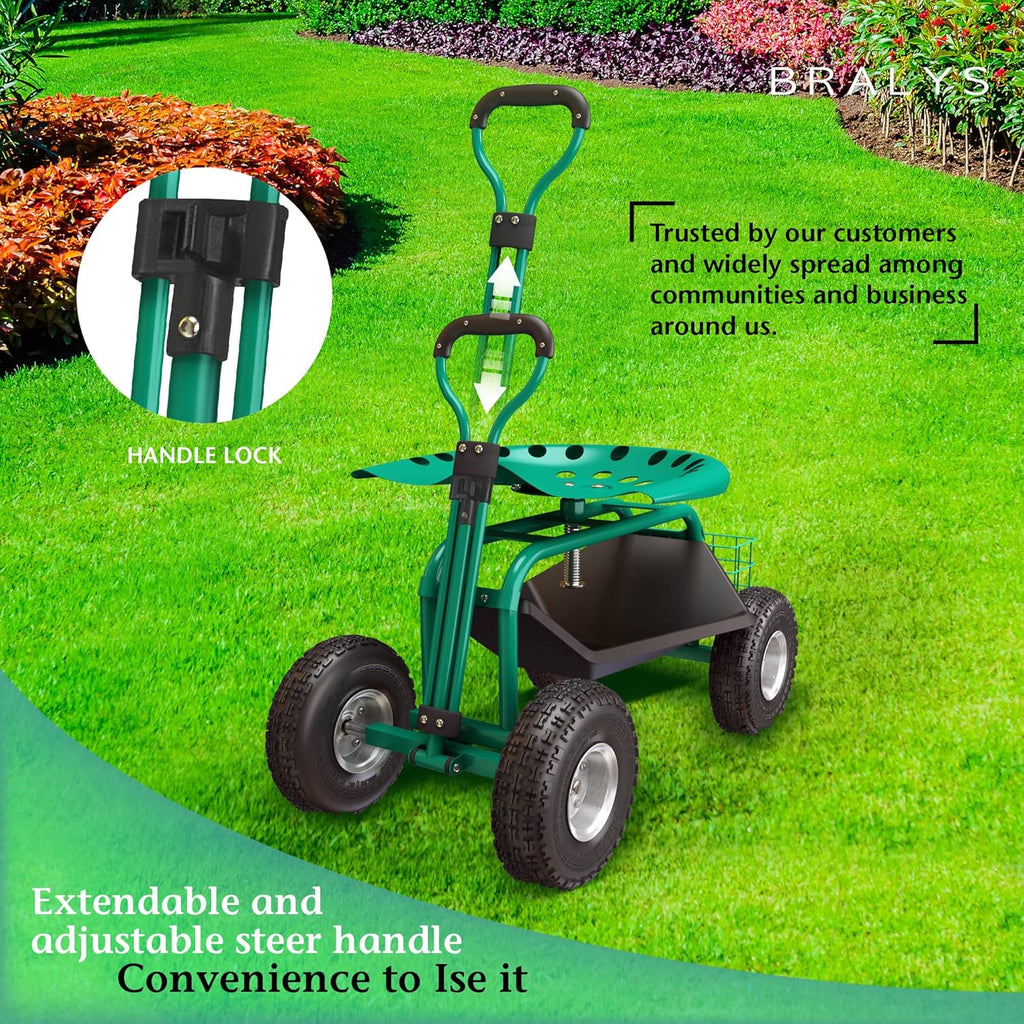 Garden Cart with Seat Rolling Gardening Cart with Large Wheels Basket Waterproof Cover N313