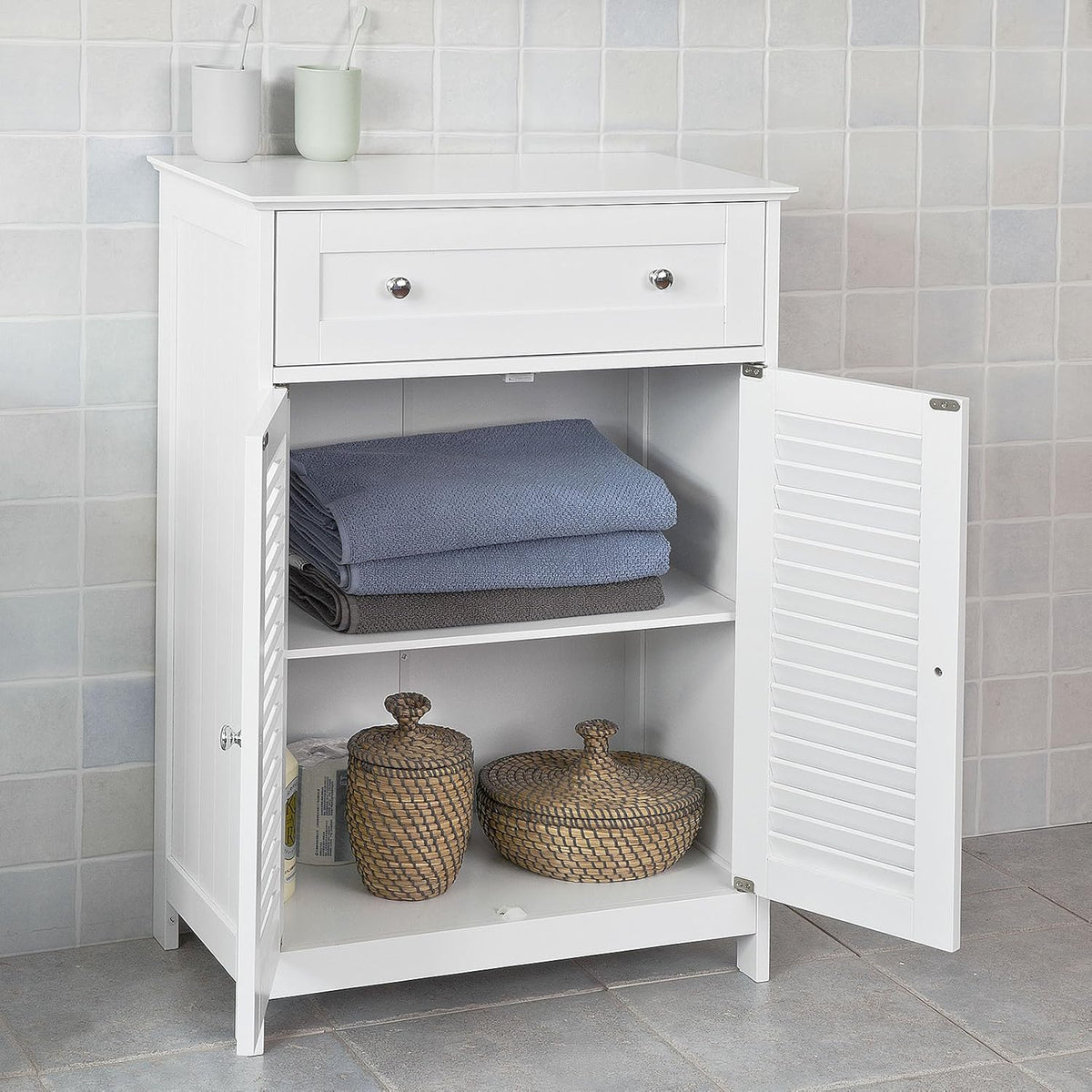 White Bathroom Storage Cabinet with Drawer and Adjustable Shelf M90491
