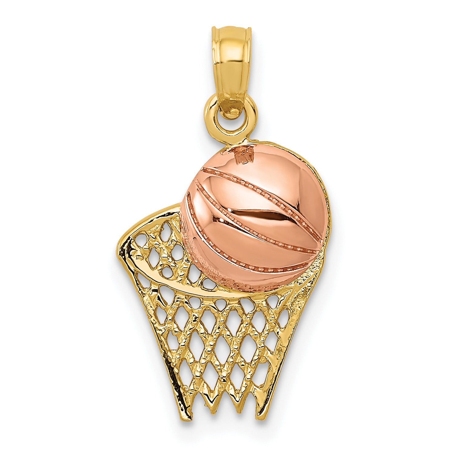 14K Two-Tone Gold Basketball Hoop Pendant with 10K Yellow Gold Rope Chain 16" G8256