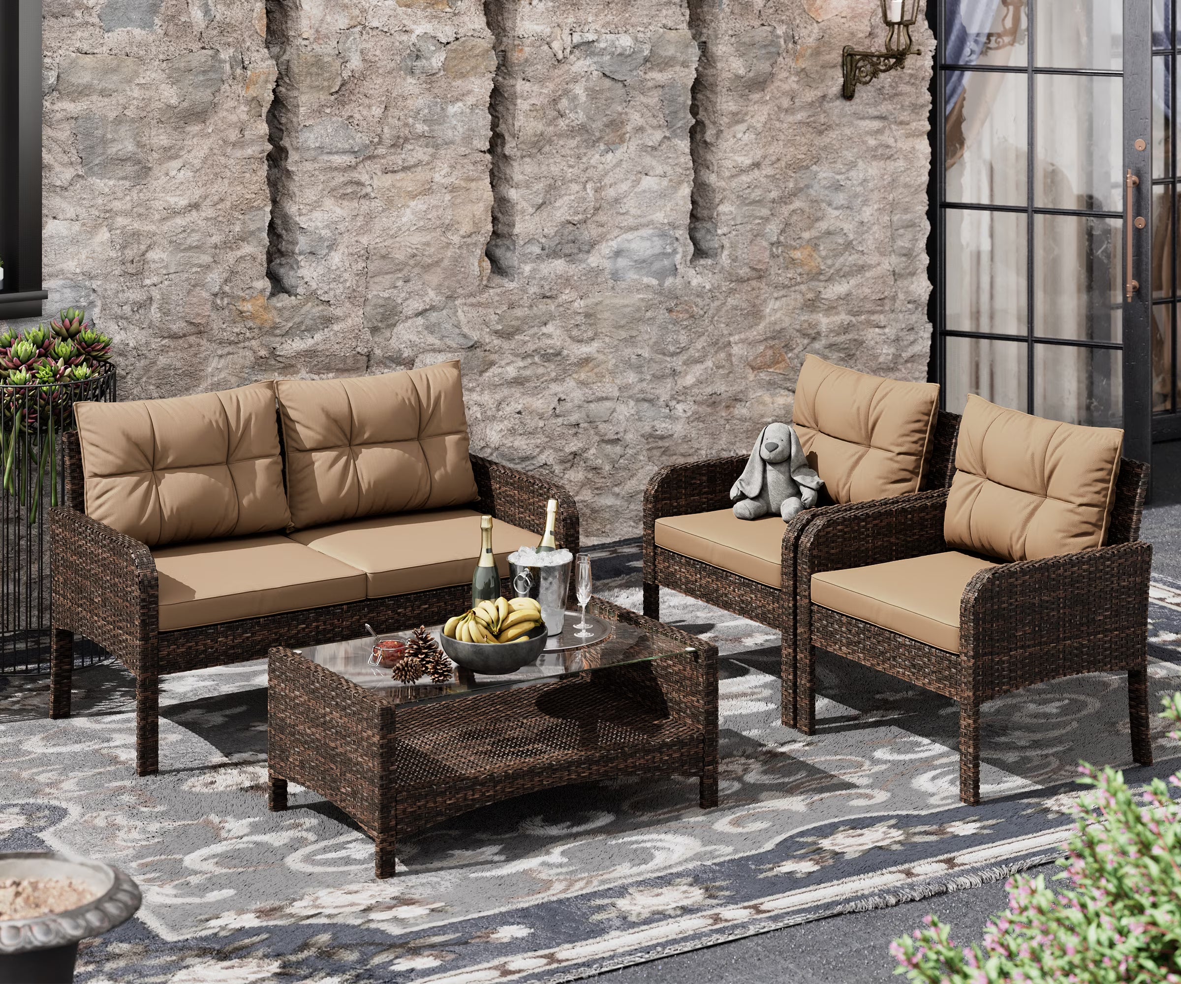 4-Piece Rattan Wicker Sofa Set with Cushions & Coffee Table M578