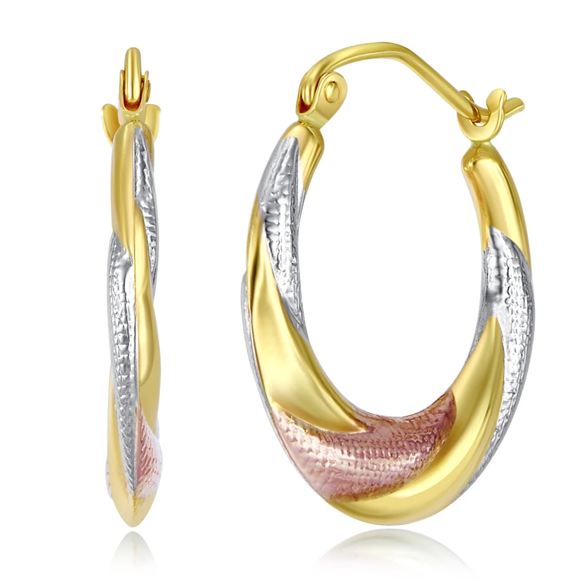 14k Tri 3 Color Gold Polished Diamond Cut Satin Twisted Hoop Earrings (20 x 20mm) E1460