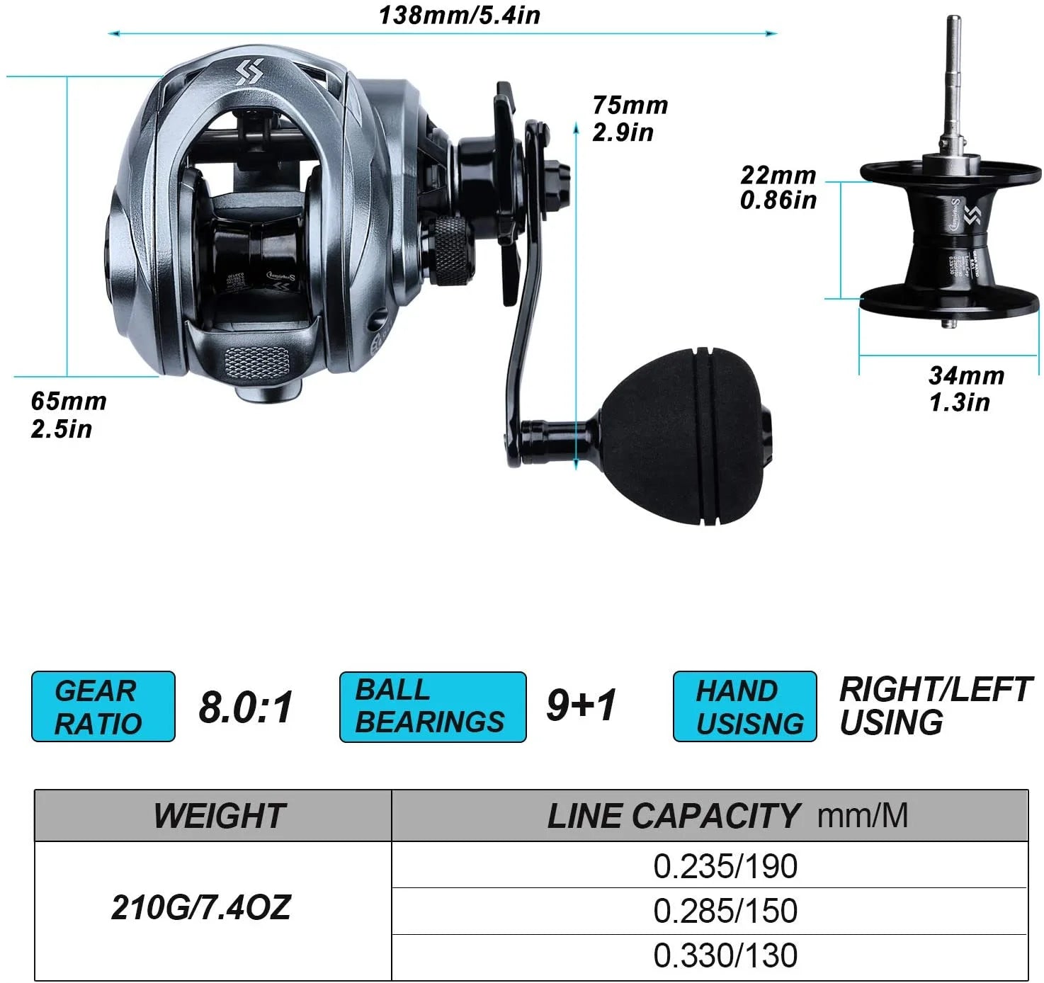 Baitcasting Fishing Reel with 9+1 Ball Bearings, Gear Ratio 8.0:1 S3303
