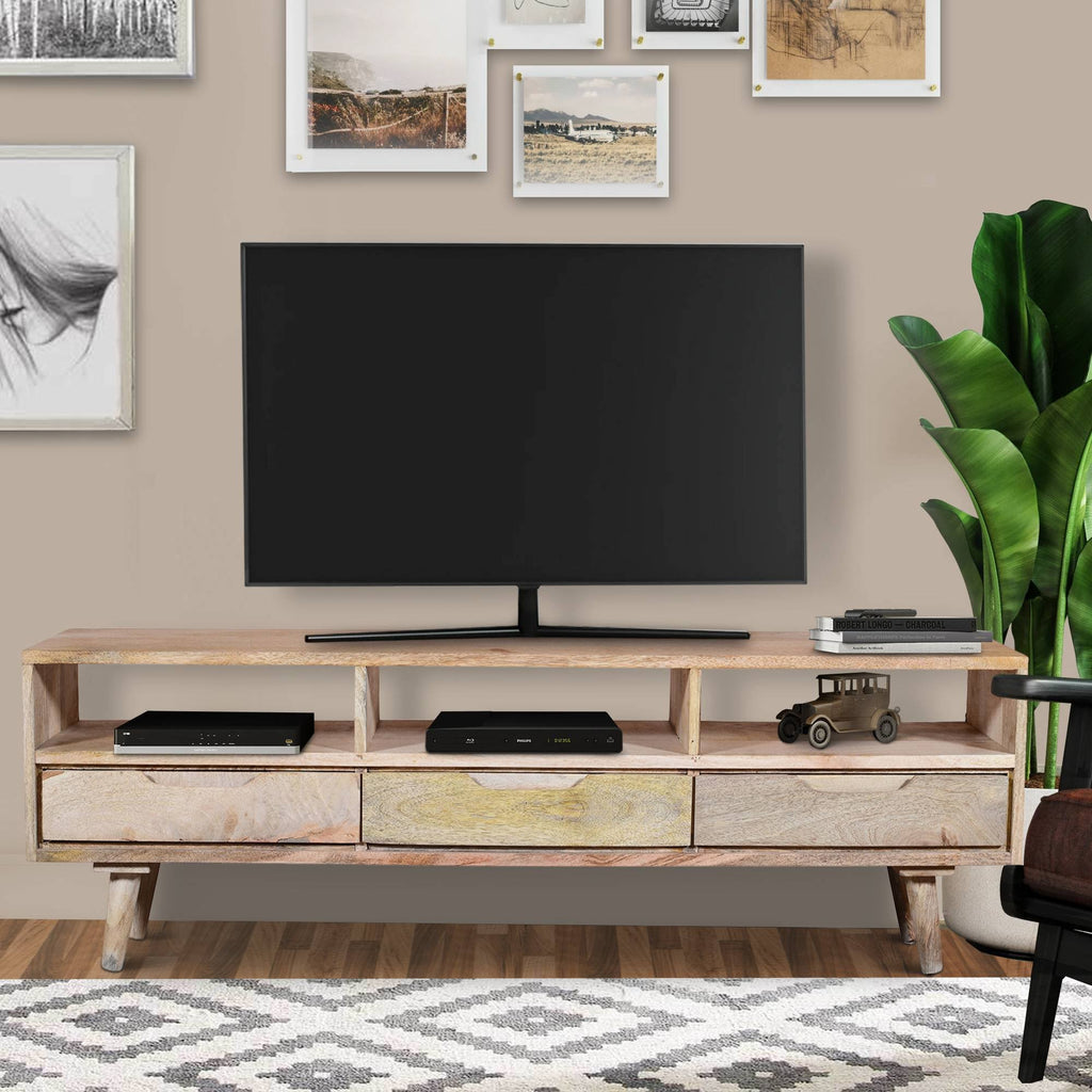 3 Drawer Mango Wood TV Media Cabinet with 3 Open Compartments in Oak Brown R905415